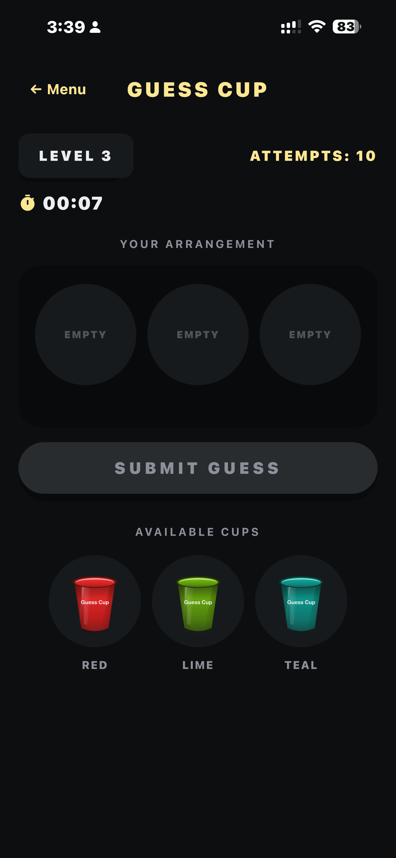 Guess Cup gameplay screen showing cup arrangement