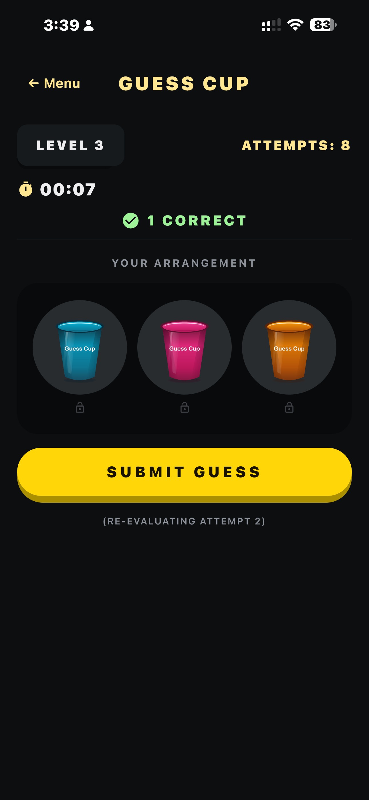 Guess Cup showing correct cup feedback