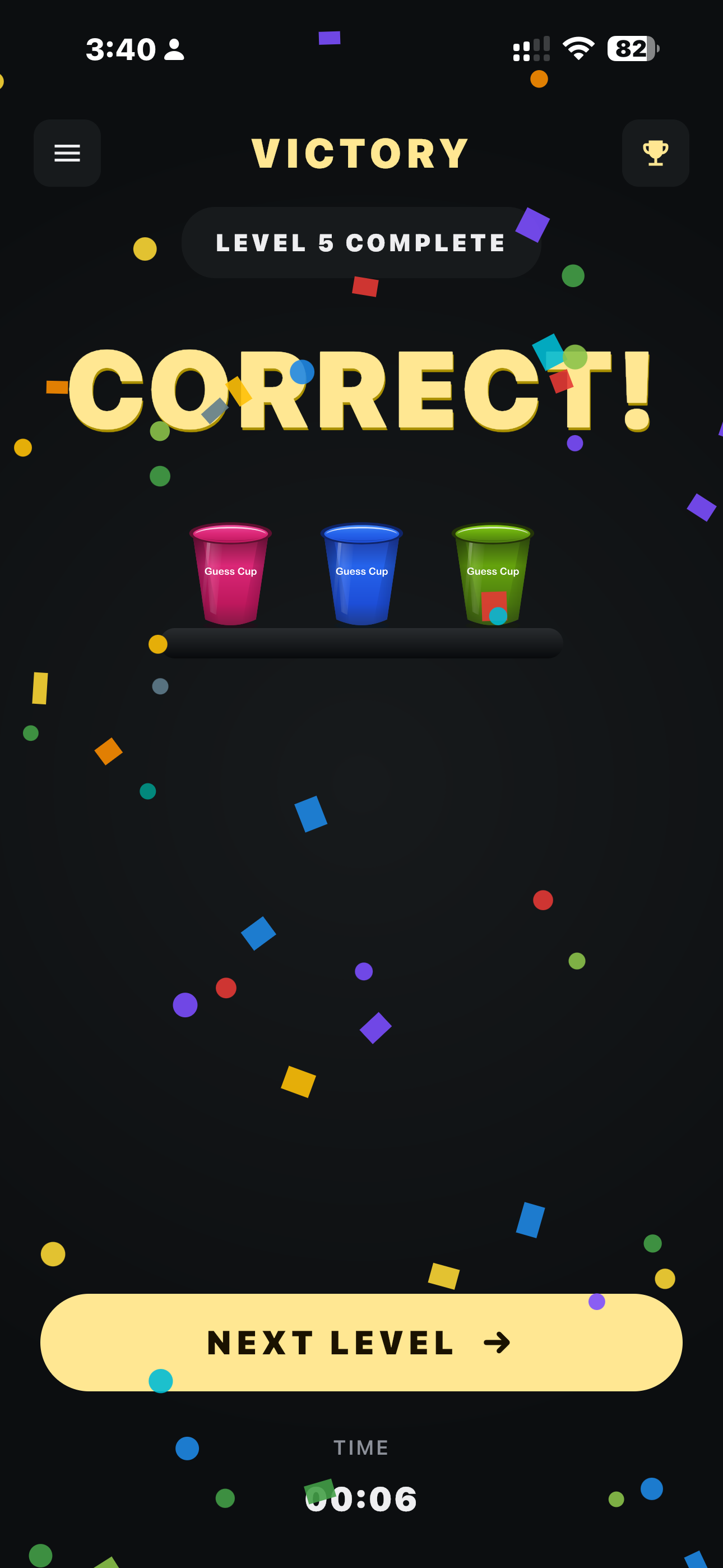 Guess Cup victory screen with confetti