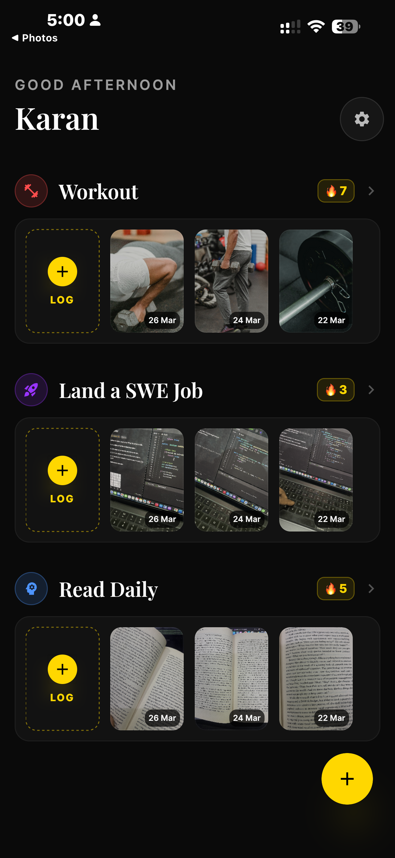 Safar app home screen showing daily habit photo grid